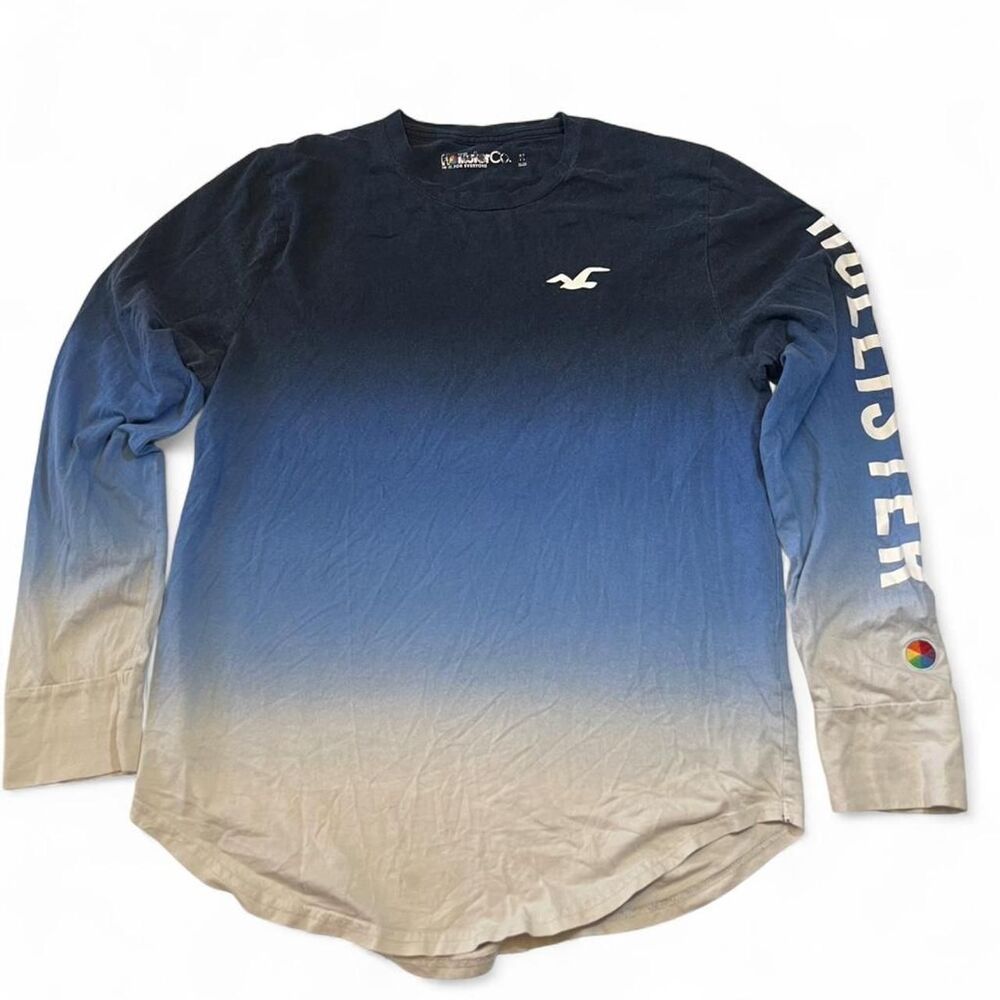 Hollister Co Long Sleeve T-Shirt Mens Small Blue White Ombre Dip Dye Tee